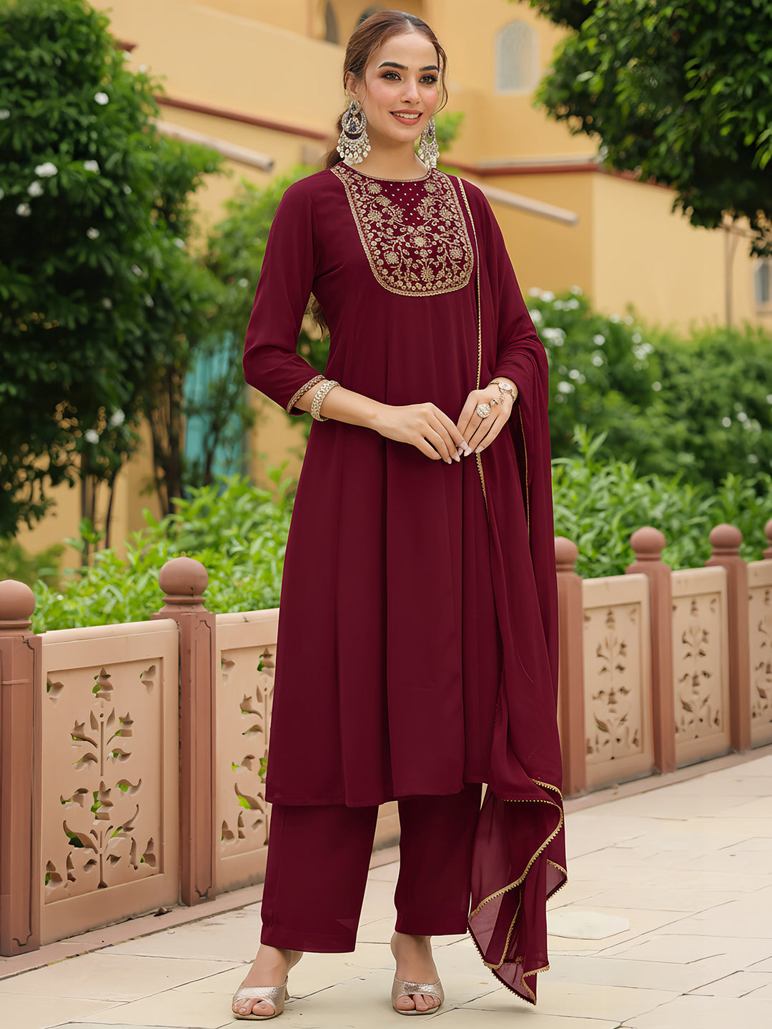 Naari By Shree Women's Maroon Georgette Zari Yoke Embroidered Anarkali Kurta With Palazzo & Dupatta Set