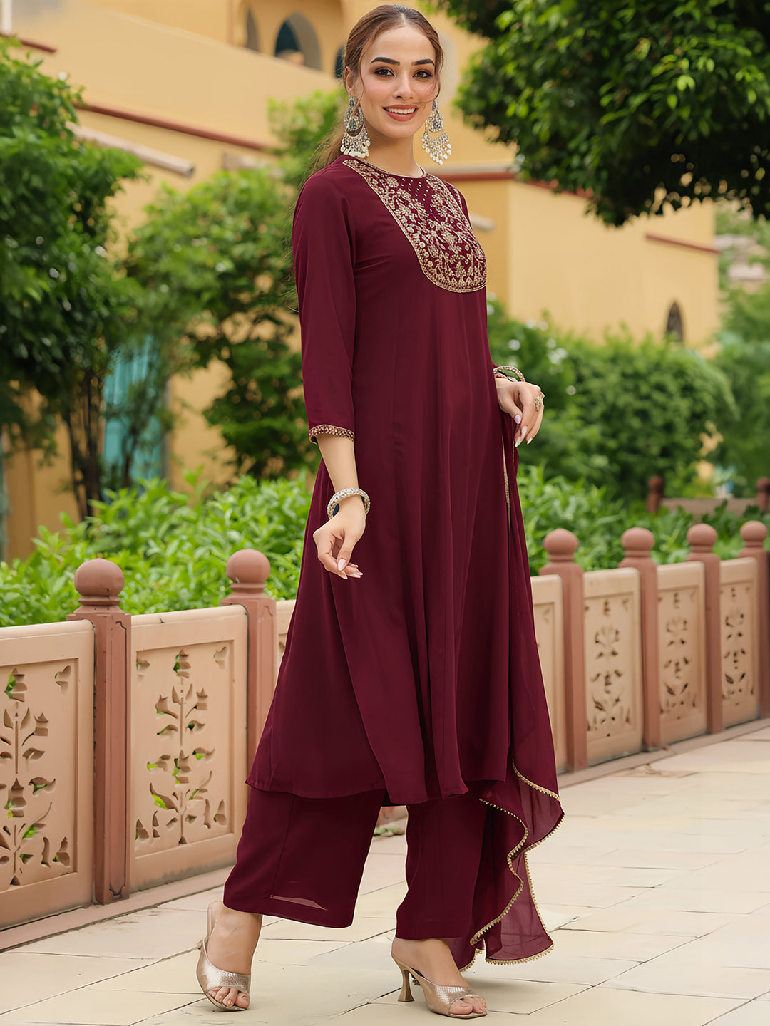 Naari By Shree Women's Maroon Georgette Zari Yoke Embroidered Anarkali Kurta With Palazzo & Dupatta Set