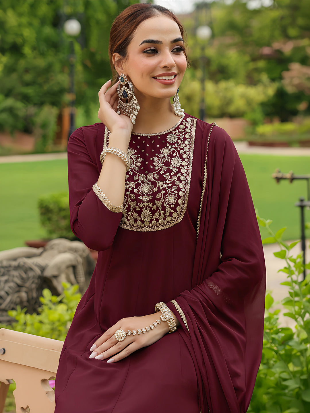 Naari By Shree Women's Maroon Georgette Zari Yoke Embroidered Anarkali Kurta With Palazzo & Dupatta Set