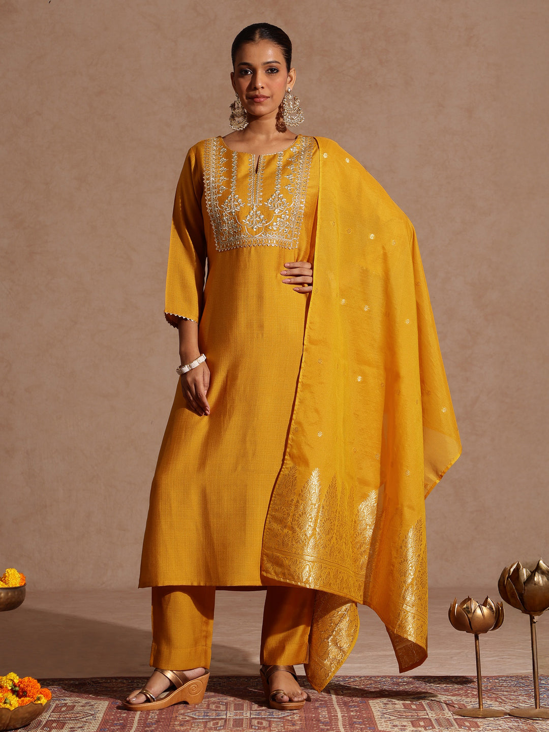 Naari By Shree Women's Mustard Silk Blend Zari Yoke Embroidered Straight Kurta Set