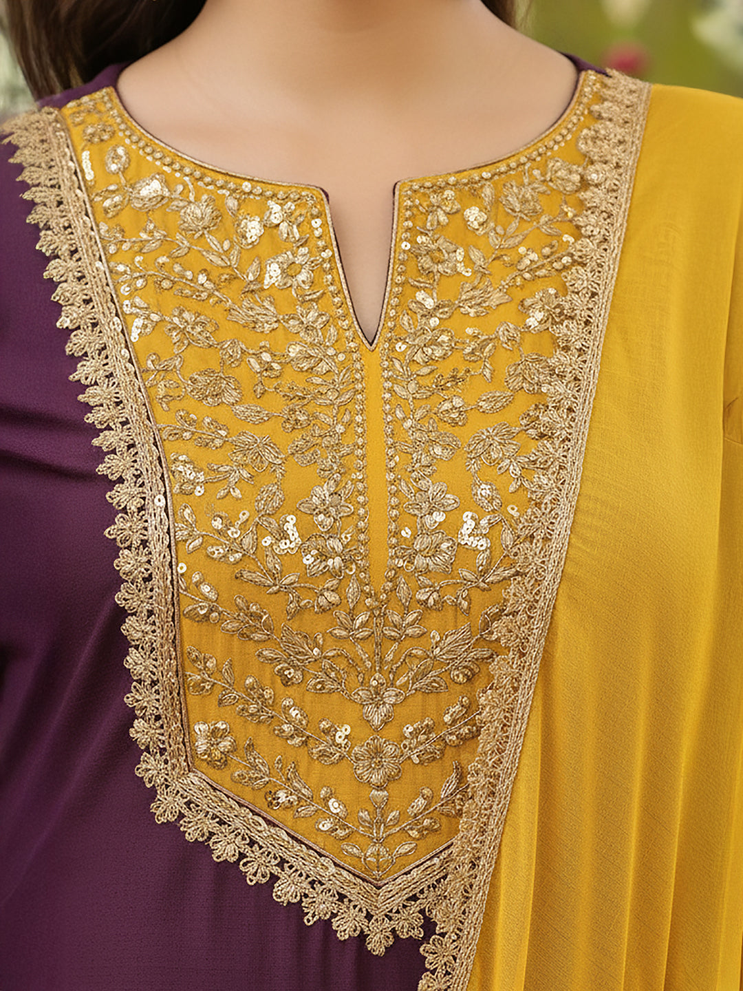 Naari By Shree Women's Purple Silk Blend Zari Yoke Embroidered Straight Kurta Set