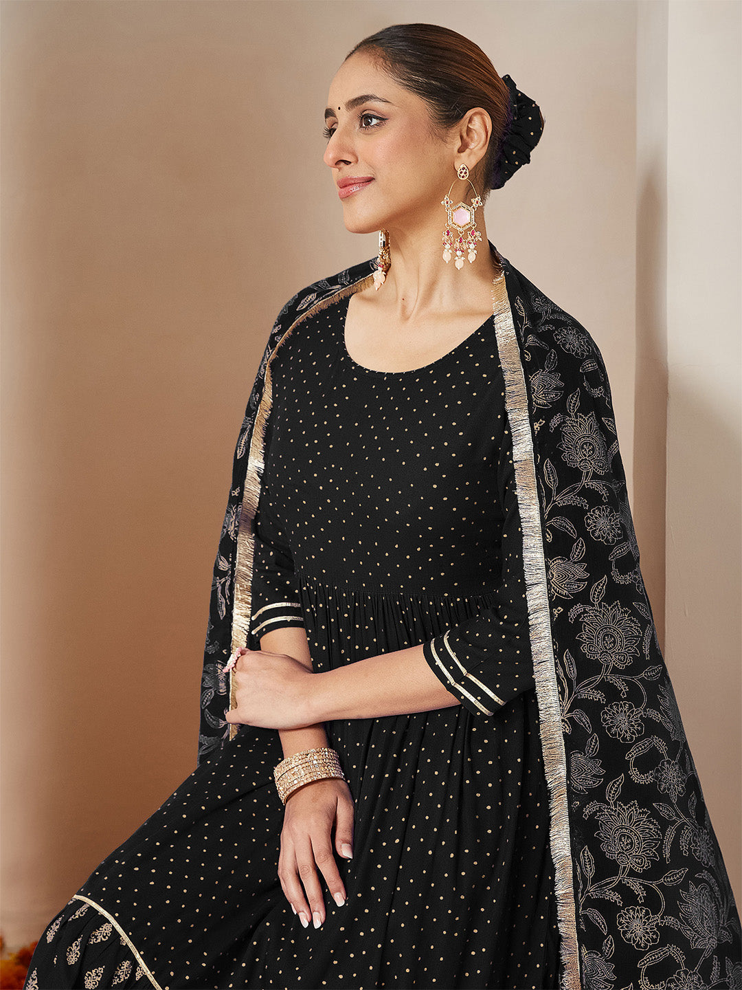 Naari By Shree Women's Black Rayon Gold Printed Anarkali Kurta Set