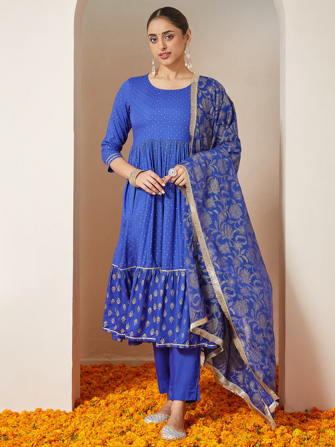 Naari By Shree Women's Blue Pure Cotton Foil Printed A-line Kurta Set