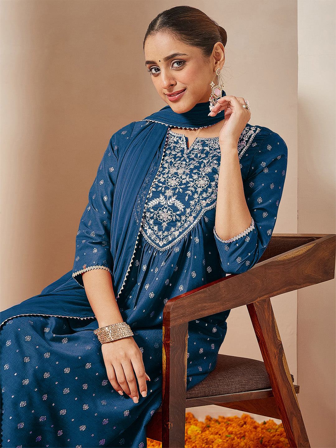 Naari By Shree Women's Teal Blue Silk Blend Yoke Embroidered Gold Printed A-line Kurta Set With Dupatta