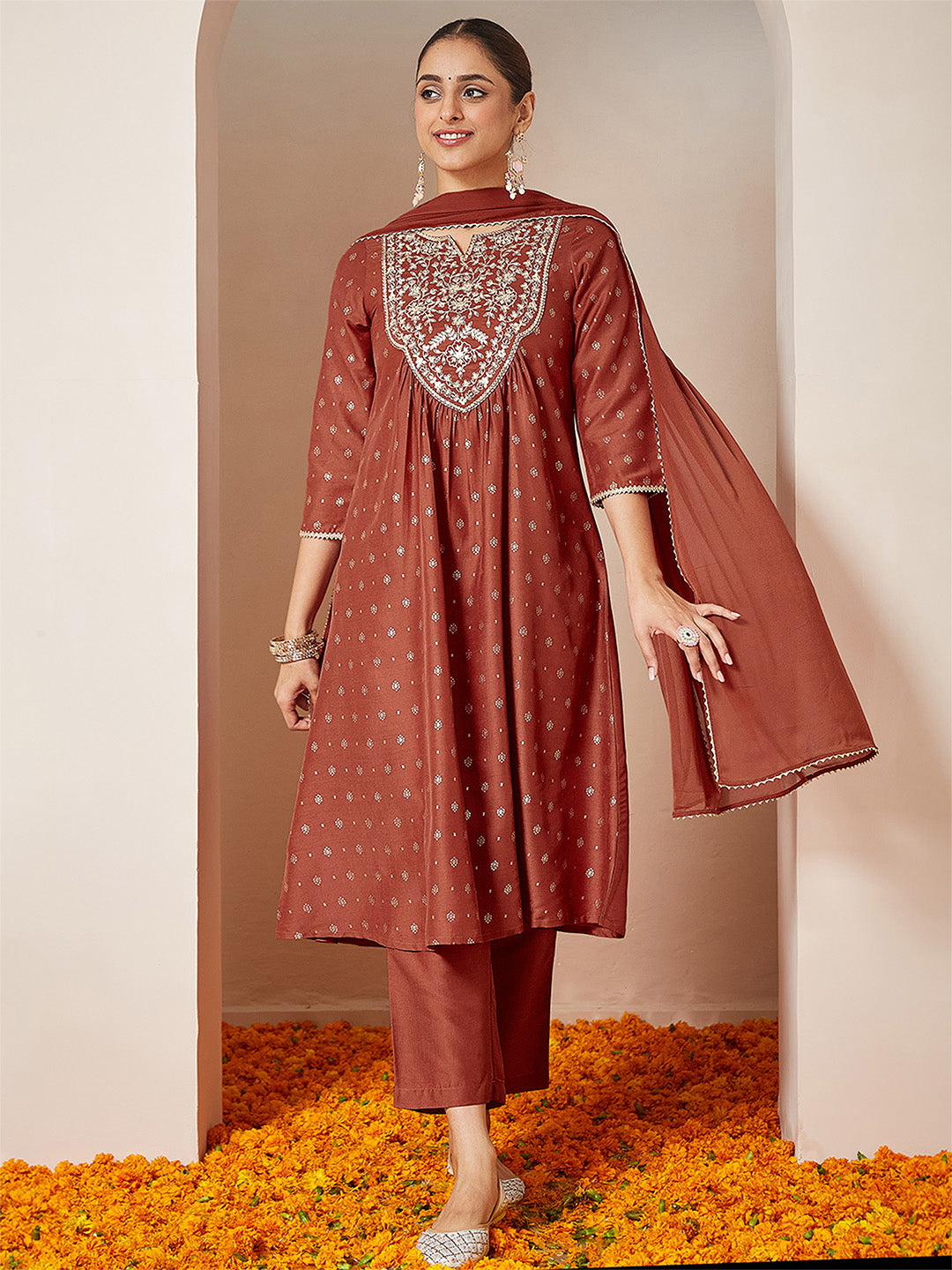 Naari By Shree Women's Rust Silk Blend Zari Yoke Embroidered Gold Printed A-line Kurta Set With Dupatta