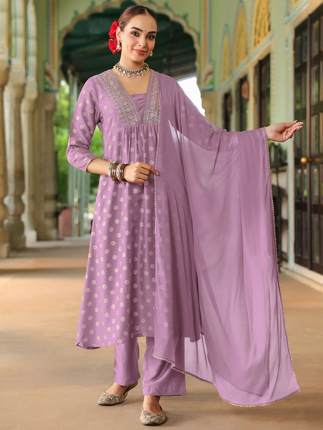 Naari By Shree Women's Lavender Silk Blend Embellished Gold Printed A-line Kurta Set With Dupatta