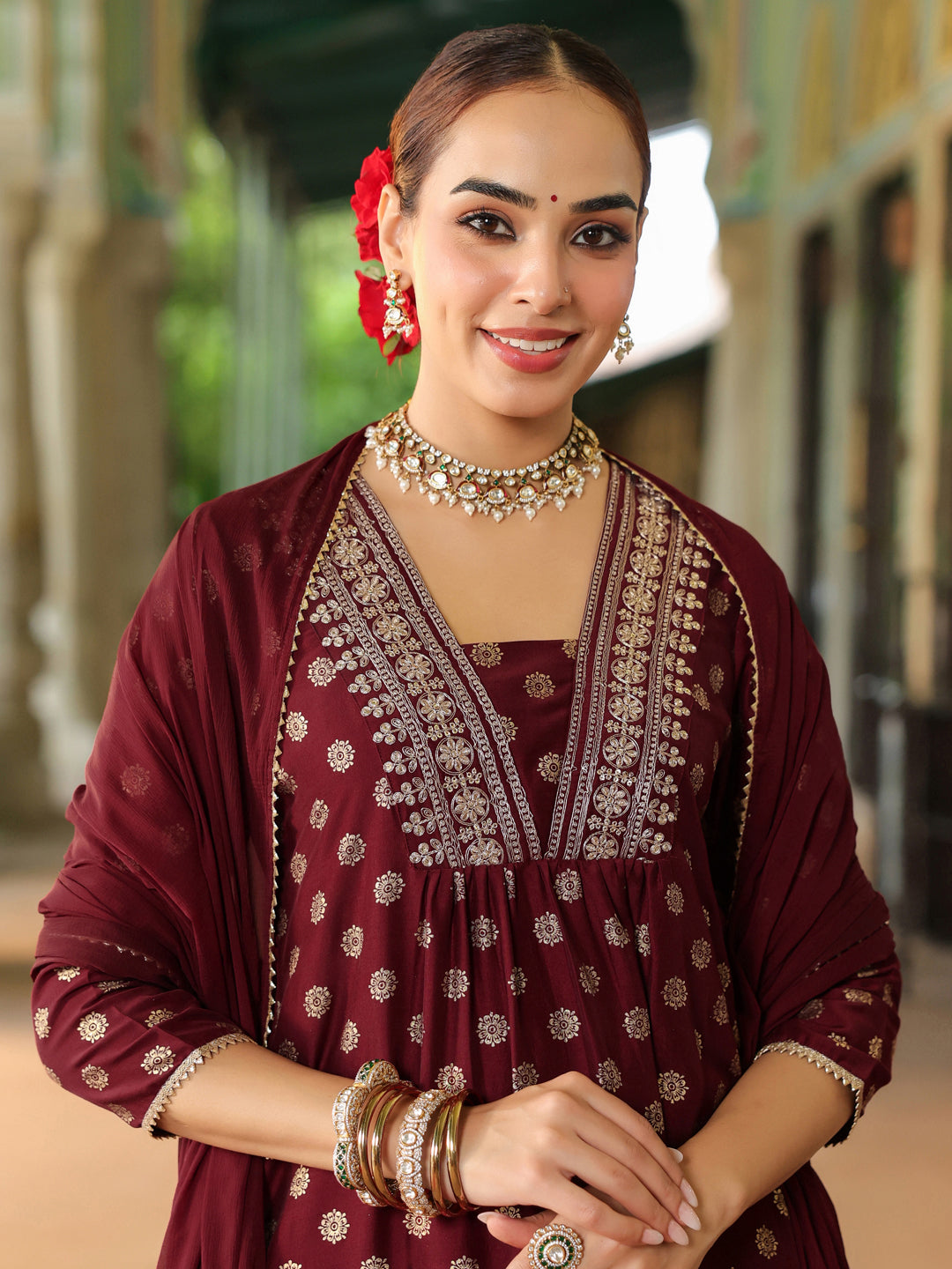 Naari By Shree Women's Maroon Silk Blend Embellished Gold Printed A-line Kurta Set With Dupatta