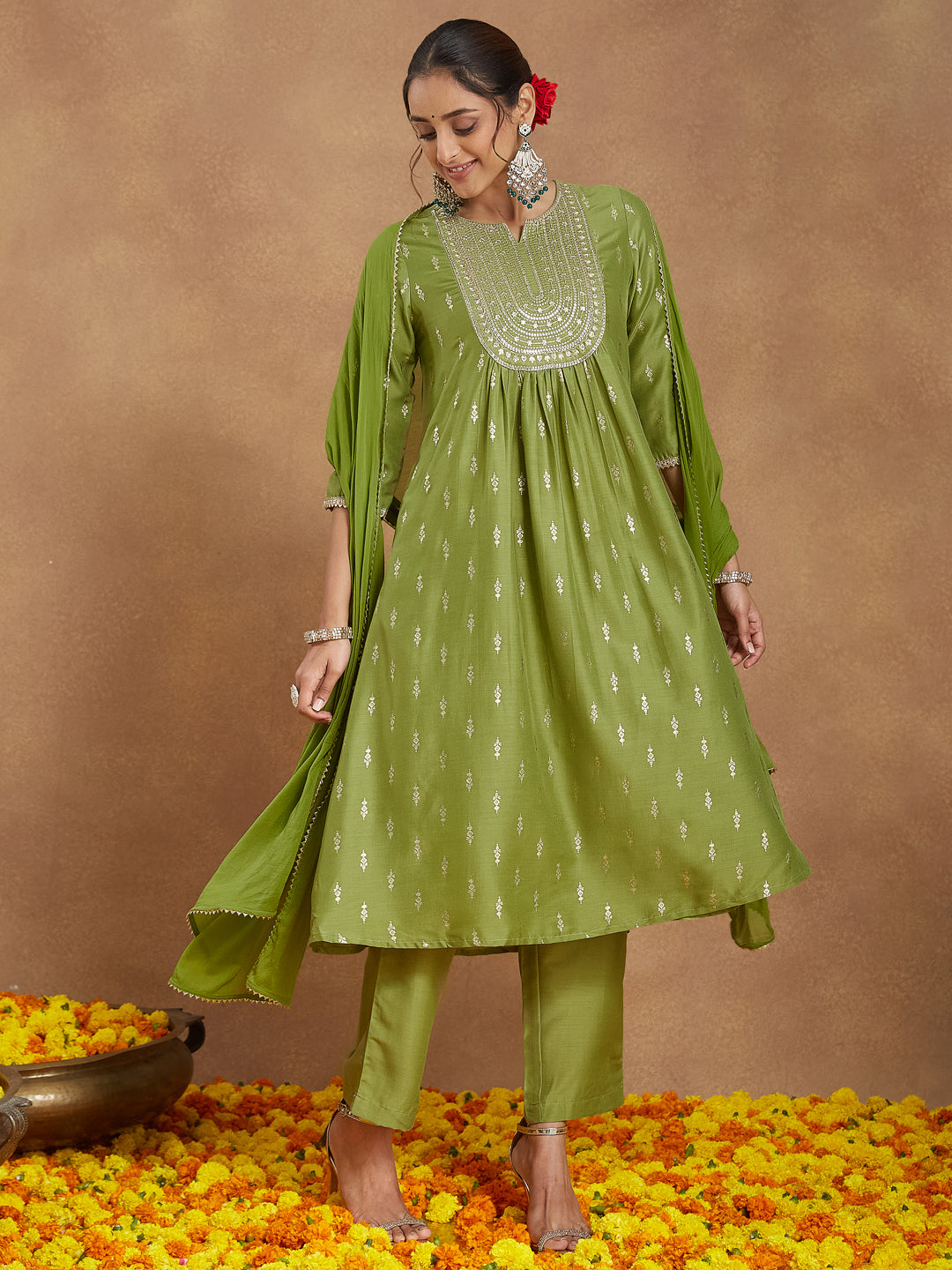 Naari By Shree Women's Lime Green Silk Blend Zari Yoke Embroidered Gold Printed A-line Kurta Set