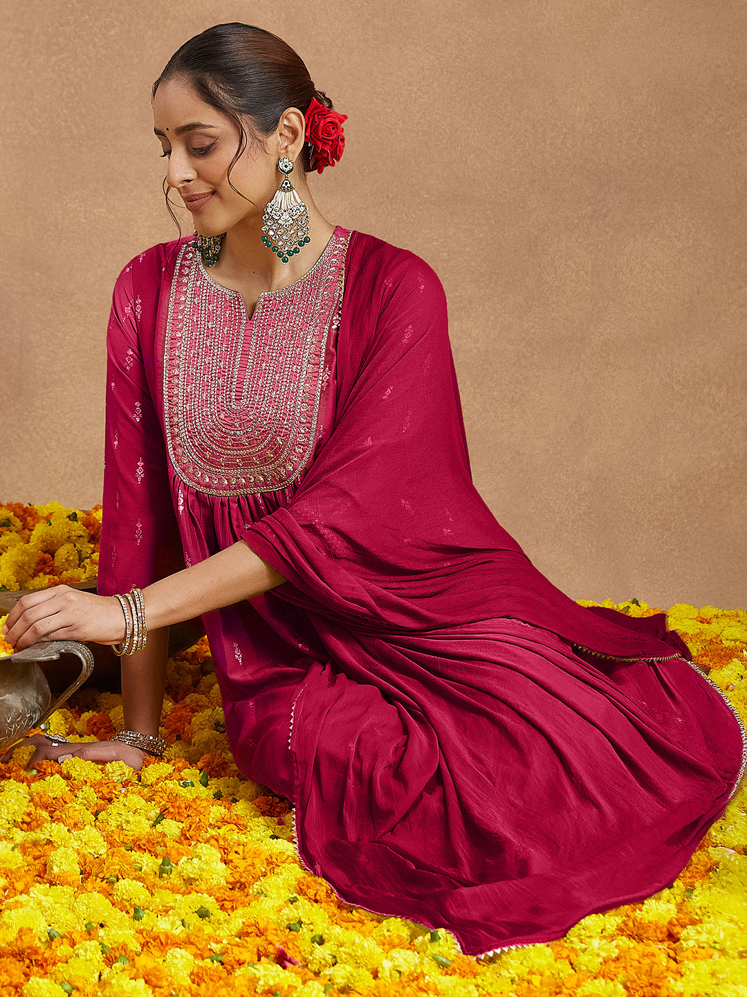 Naari By Shree Women's Pink Silk Blend Zari Yoke Embroidered Gold Printed A-line Kurta Set With Dupatta