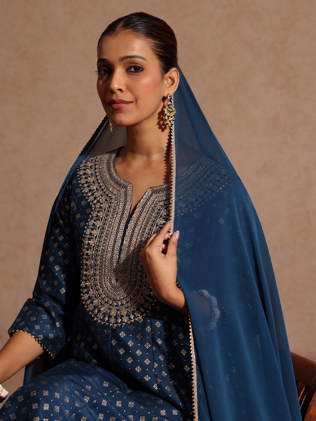 Naari By Shree Women's Teal Blue Silk Blend Zari Embroidered Gold Printed Anarkali Kurta Set