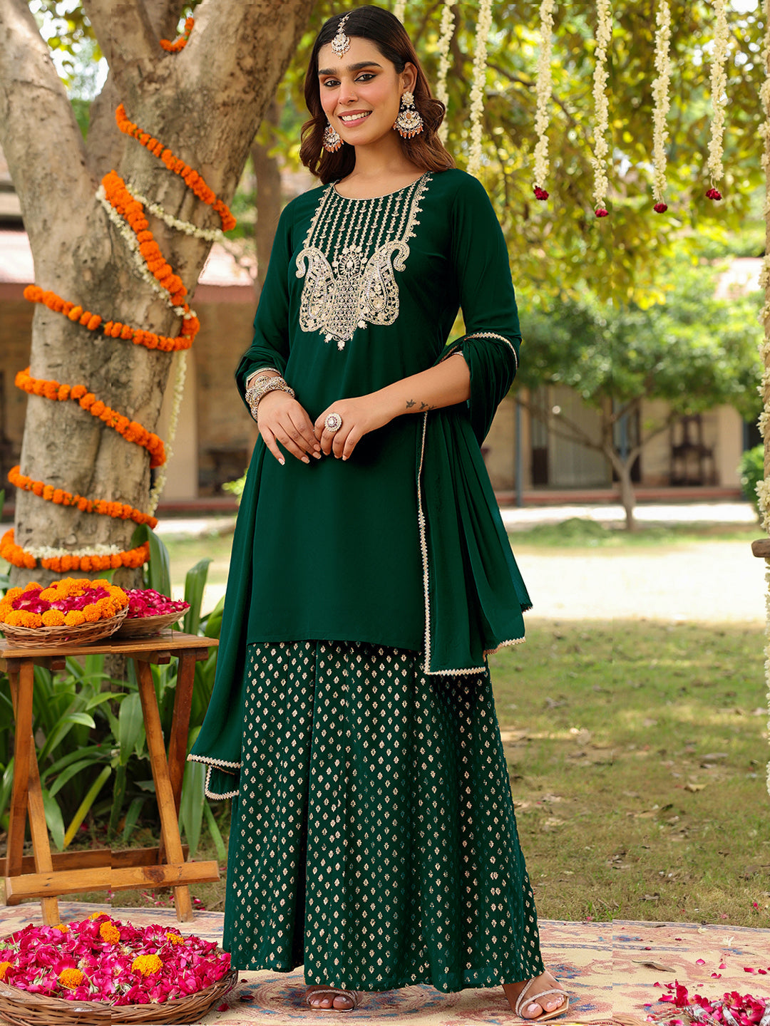 Naari By Shree Women's Dark Green Georgette Embroidered Straight Kurta With Sharara & Dupatta Set