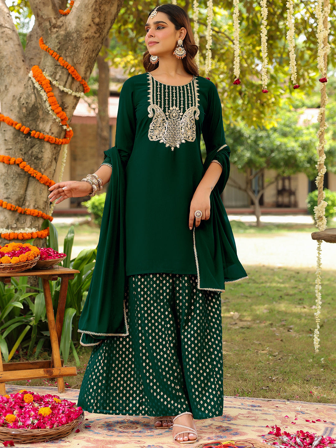 Naari By Shree Women's Dark Green Georgette Embroidered Straight Kurta With Sharara & Dupatta Set