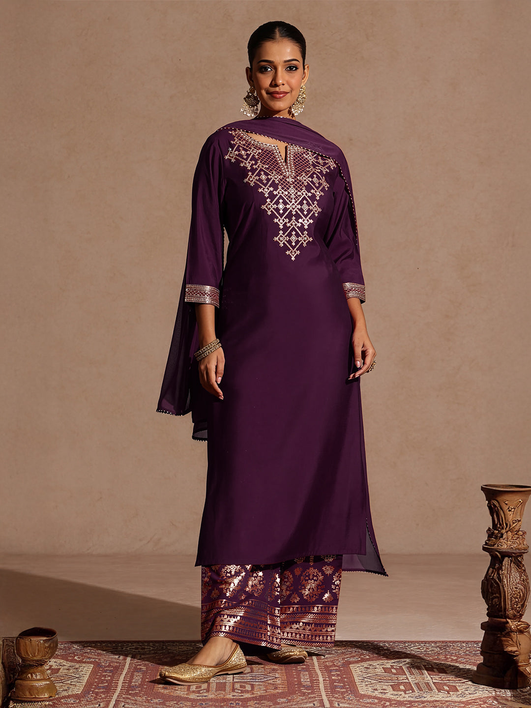 Naari By Shree Women's Wine Chanderi Silk Embellished Straight Kurta With Palazzo & Dupatta Set