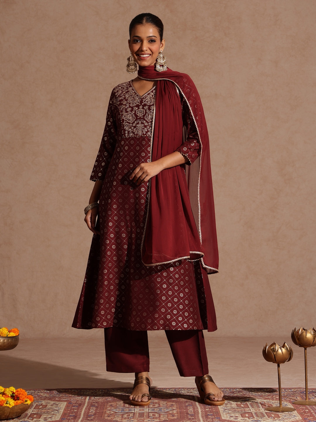 Naari By Shree Women's Maroon Silk Blend Foil Printed Yoke Embroidered A-line Kurta Set