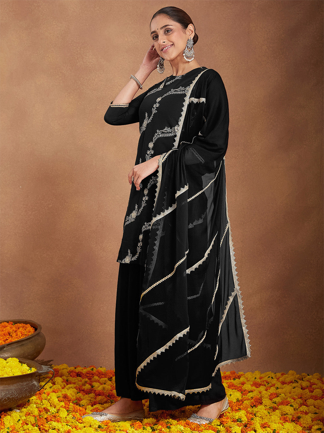 Naari By Shree Women's Black Georgette Zari Embroidered Straight Kurta With Palazzo & Dupatta Set