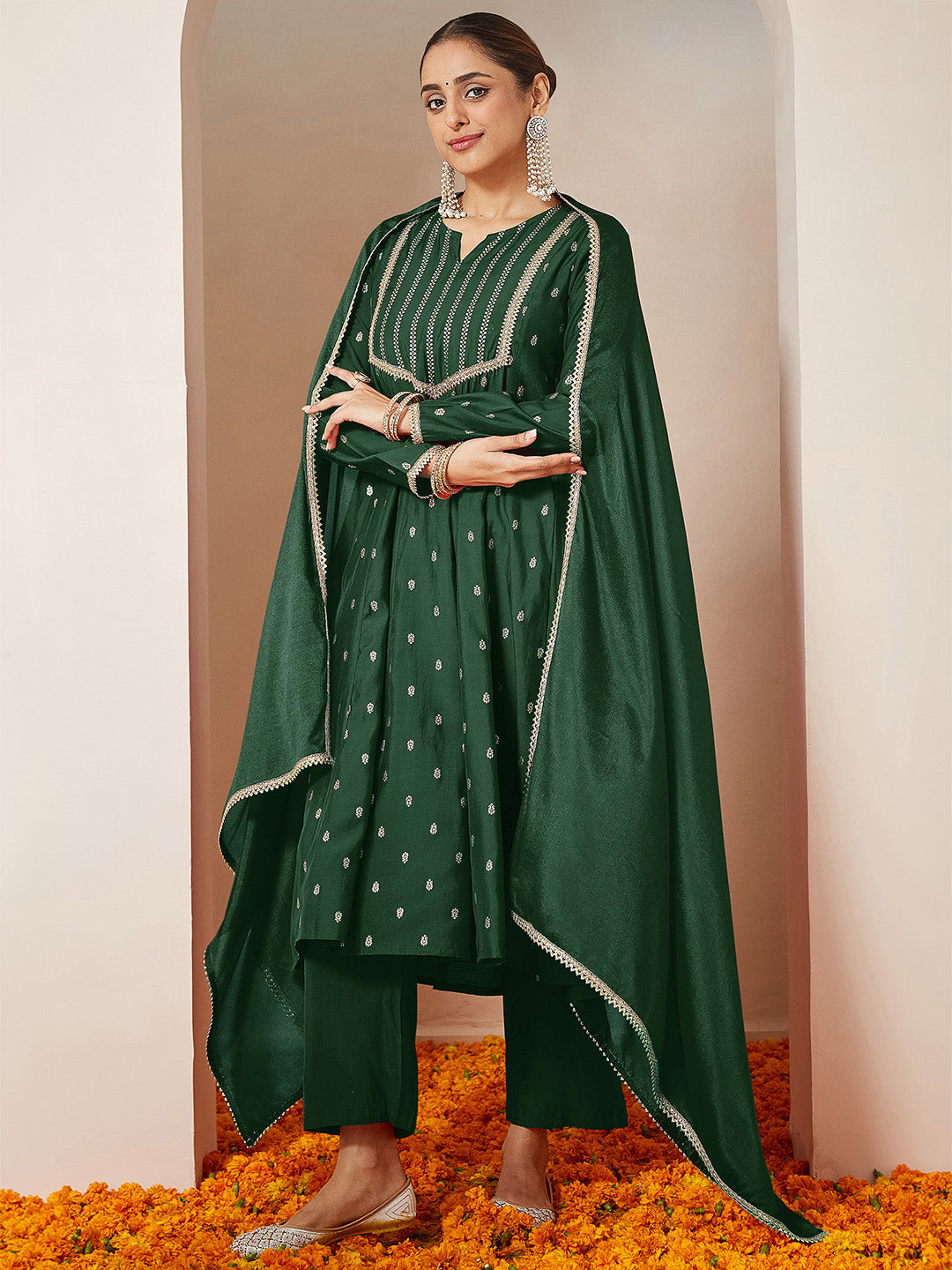 Naari By Shree Women's Dark Green Chanderi Silk Embellished Gold Printed Anarkali Kurta Set