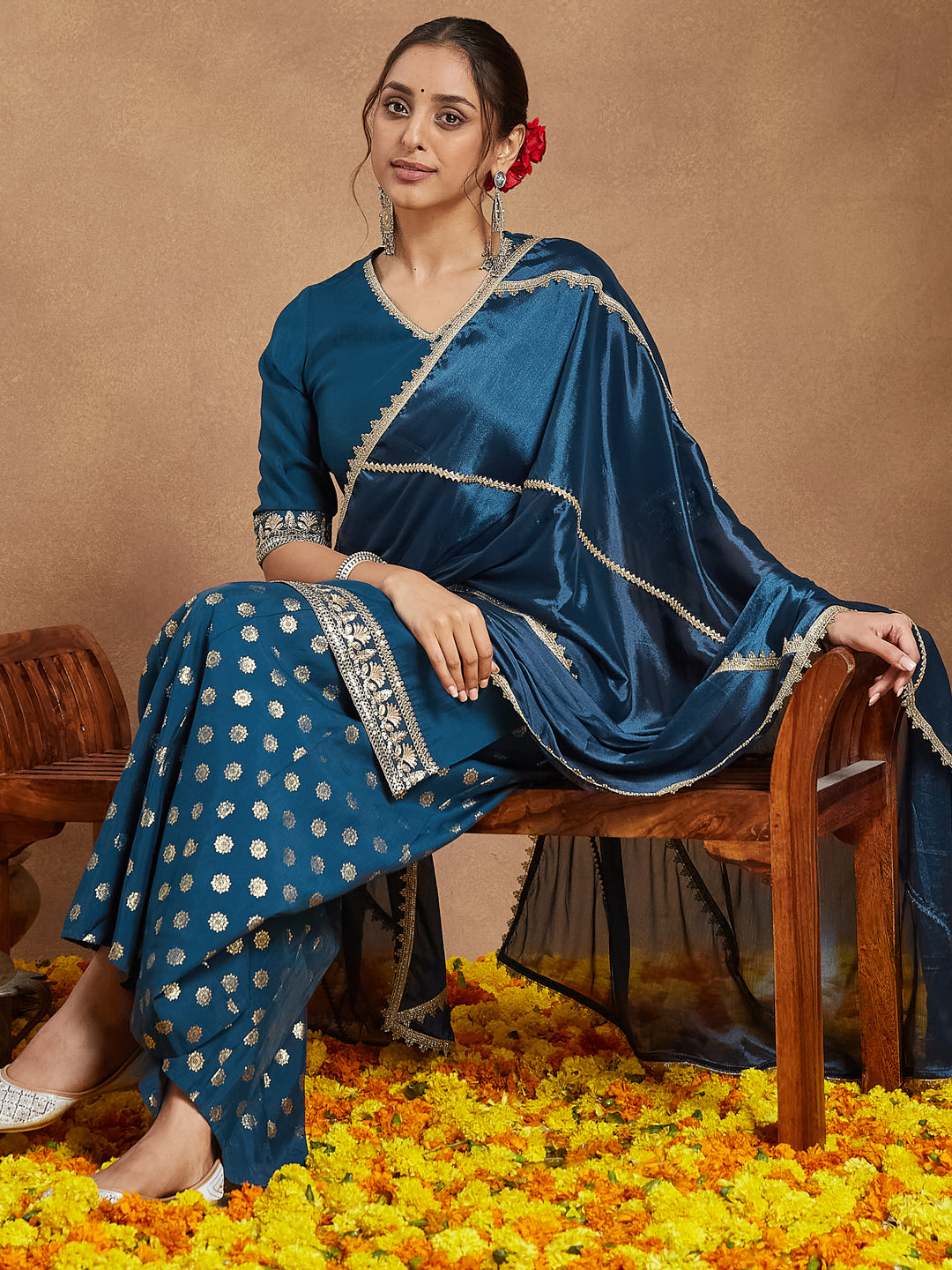 Naari By Shree Women's Teal Blue Silk Blend Embellished Straight Kurta With Sharaa & Dupatta Set
