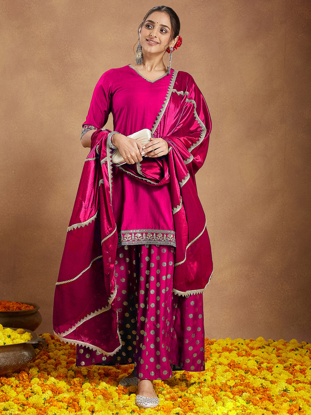 Naari By Shree Women's Pink Silk Blend Embellished Straight Kurta With Sharara & Dupatta Set