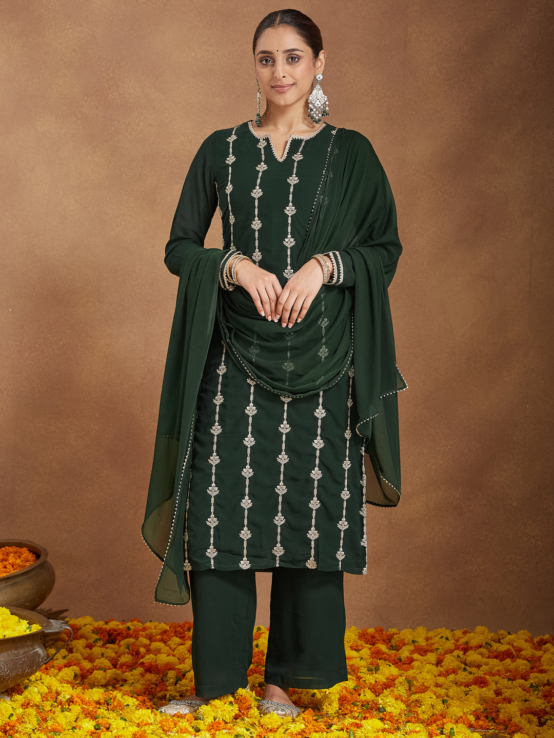 Naari By Shree Women's Green Georgette Zari Embroidered Straight Kurta With Palazzo & Dupatta Set