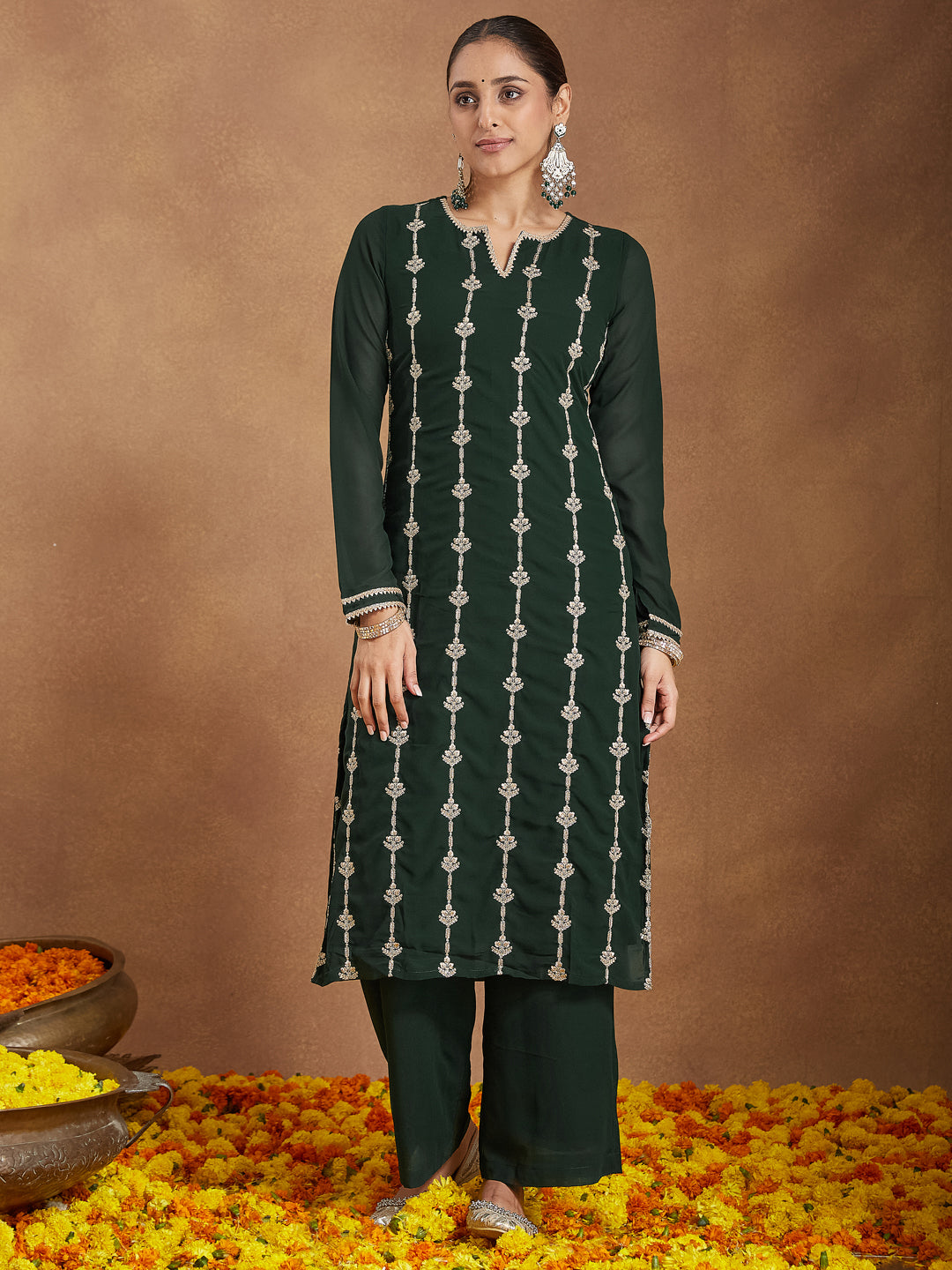 Naari By Shree Women's Green Georgette Zari Embroidered Straight Kurta With Palazzo & Dupatta Set