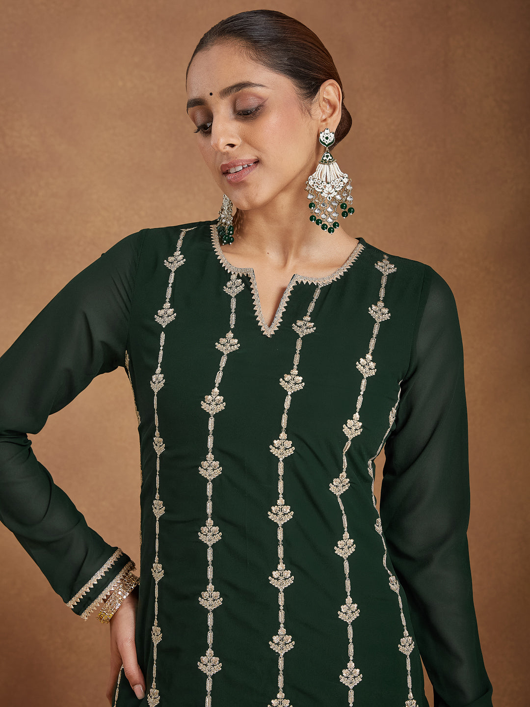 Naari By Shree Women's Green Georgette Zari Embroidered Straight Kurta With Palazzo & Dupatta Set