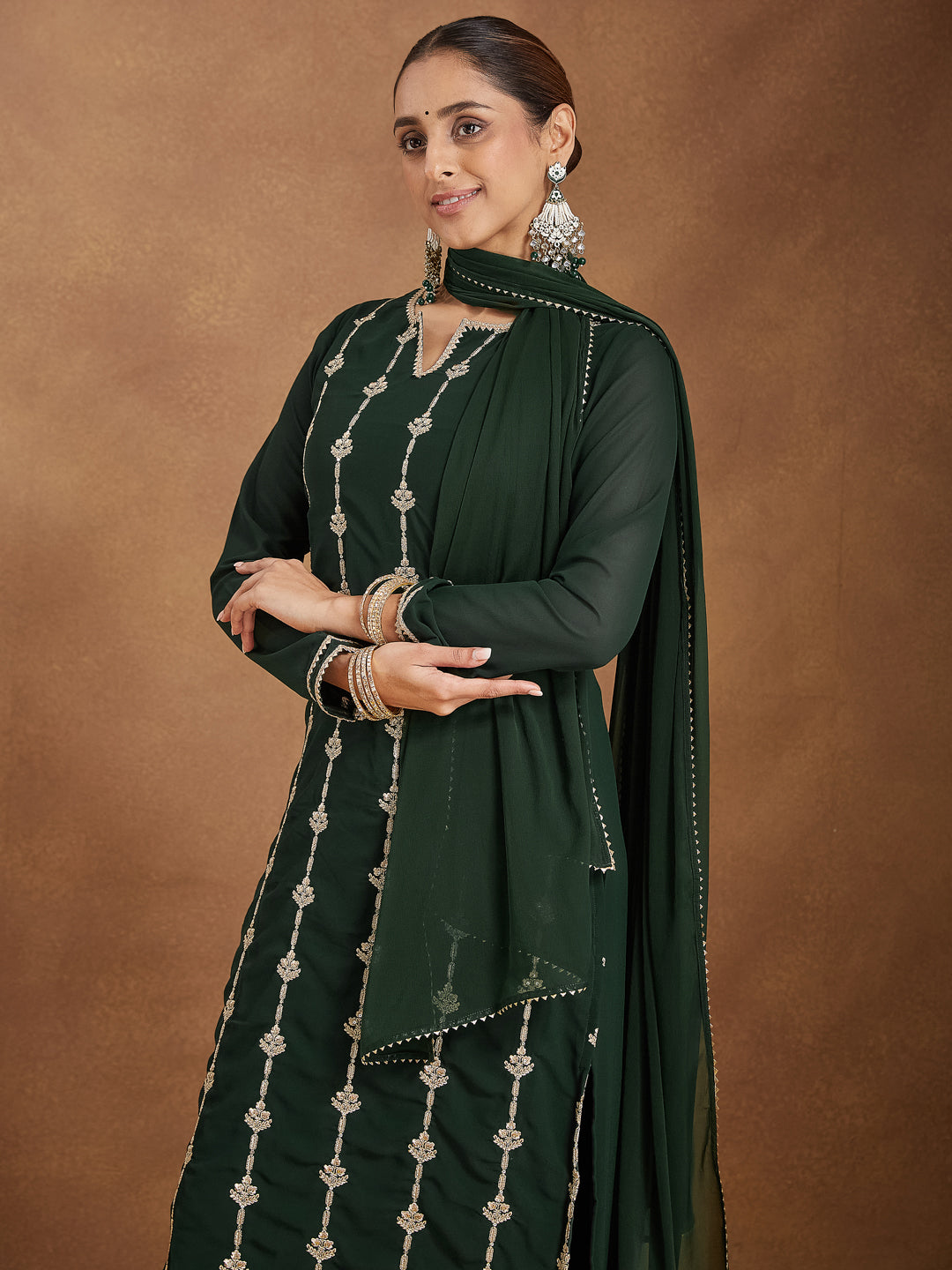 Naari By Shree Women's Green Georgette Zari Embroidered Straight Kurta With Palazzo & Dupatta Set