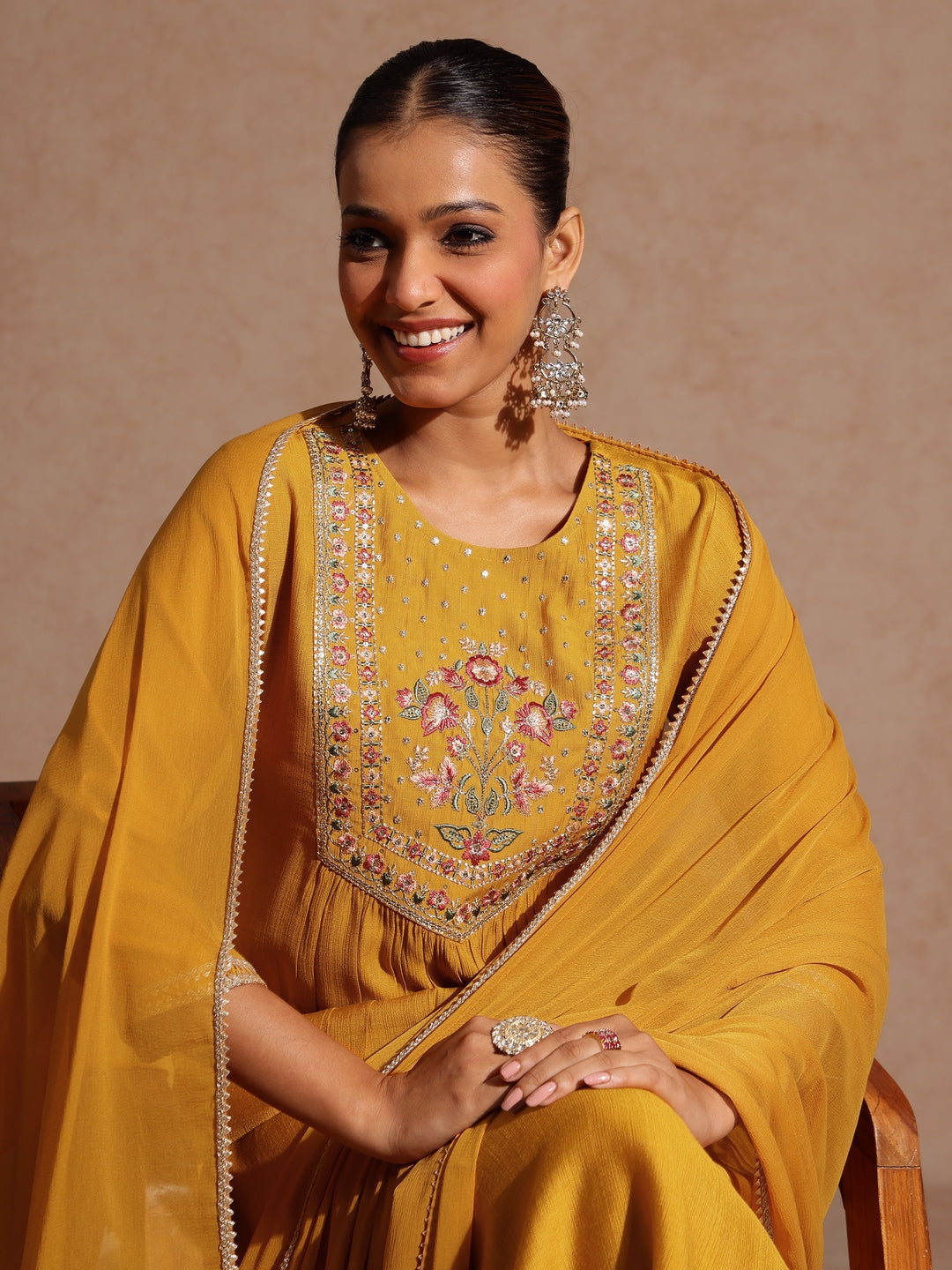 Naari By Shree Women's Mustard Silk Blend Embroidered Straight Kurta Set