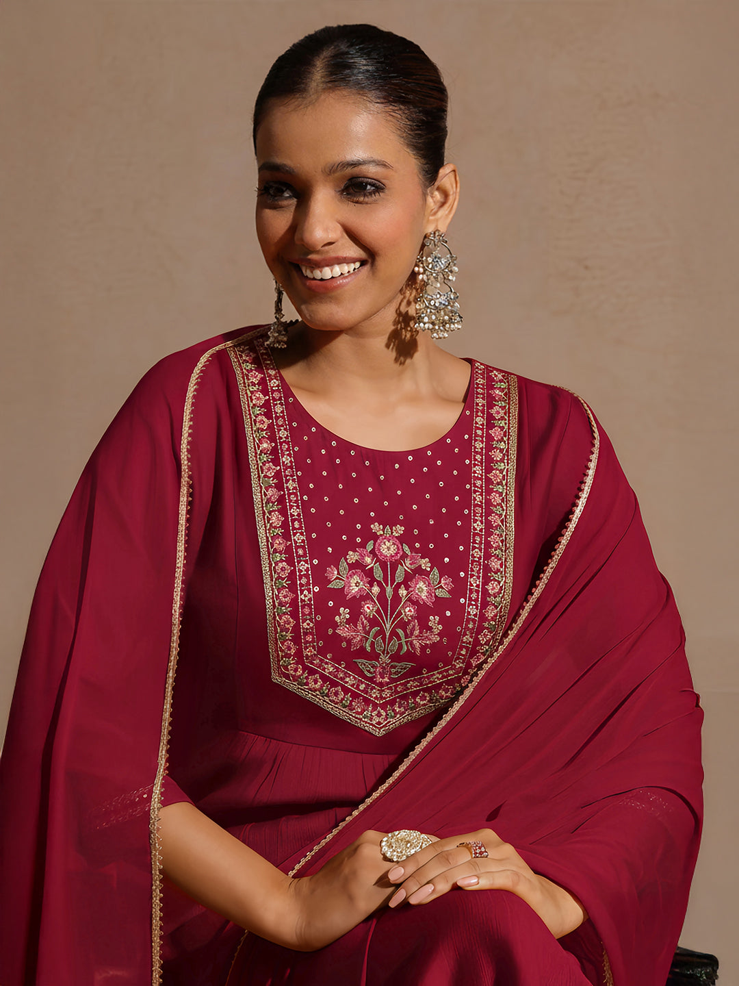 Naari By Shree Women's Red Silk Blend Embroidered Straight Kurta Set