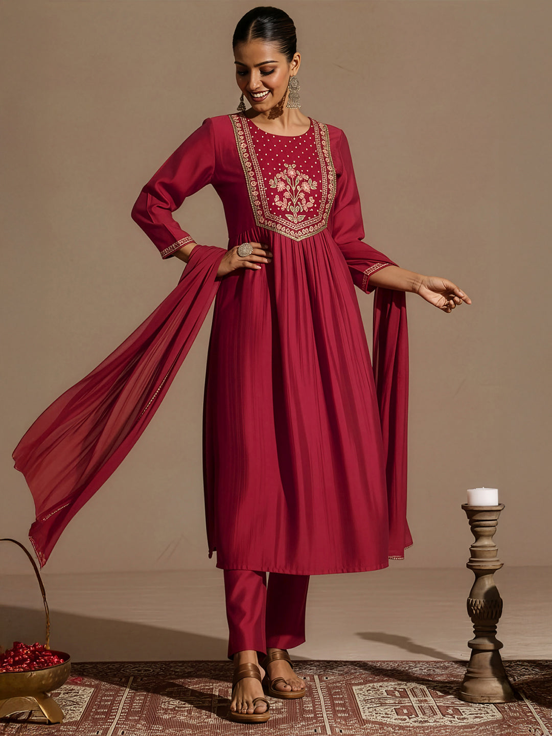 Naari By Shree Women's Red Silk Blend Embroidered Straight Kurta Set