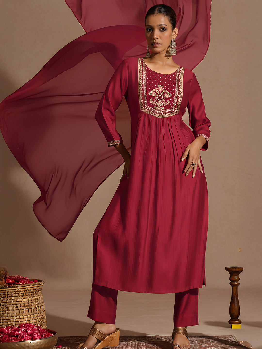 Naari By Shree Women's Red Silk Blend Embroidered Straight Kurta Set