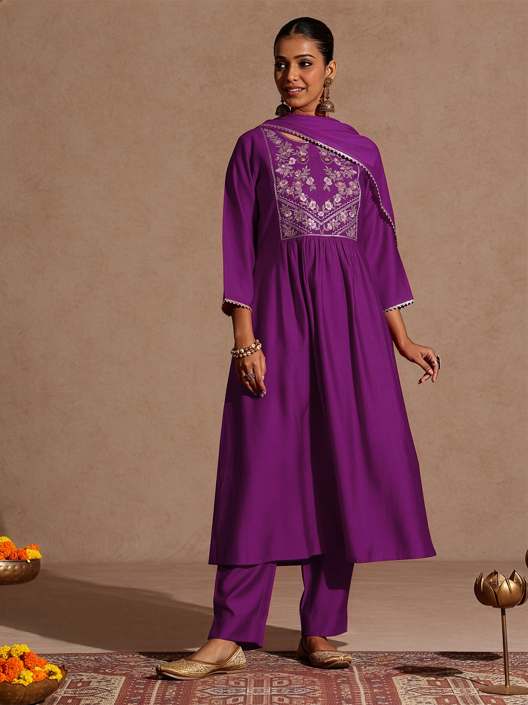 Naari By Shree Women's Purple Silk Blend Yoke Embroidered A-line Kurta Set