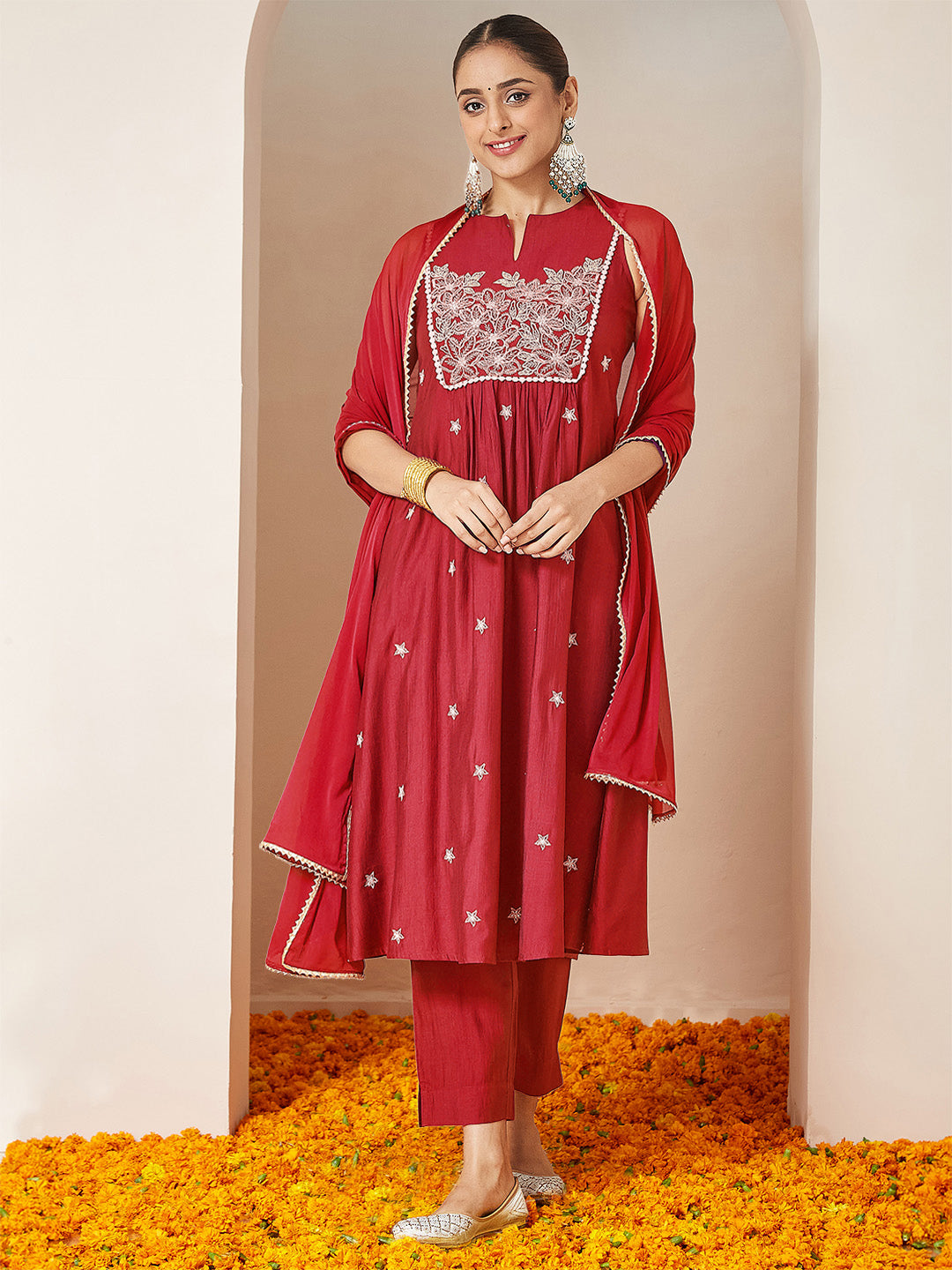 Naari By Shree Women's Red Silk Blend Embroidered A-line Kurta Set