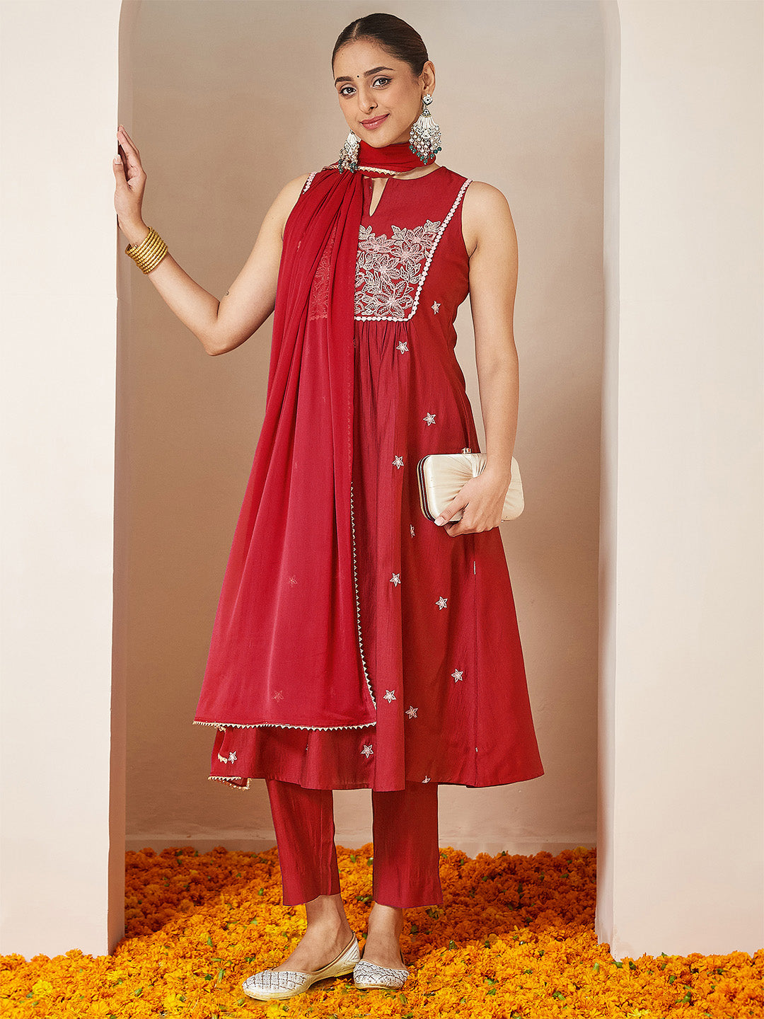 Naari By Shree Women's Red Silk Blend Embroidered A-line Kurta Set