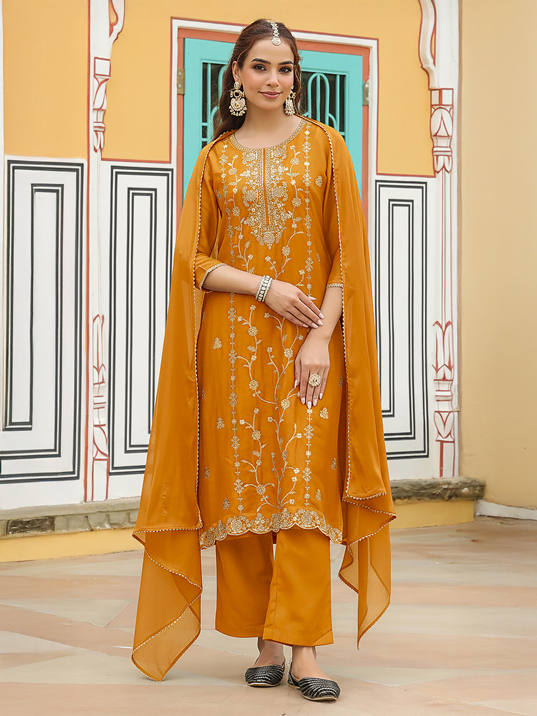 Naari By Shree Women's Mustard Silk Blend Zari Embroidered Straight Kurta Set
