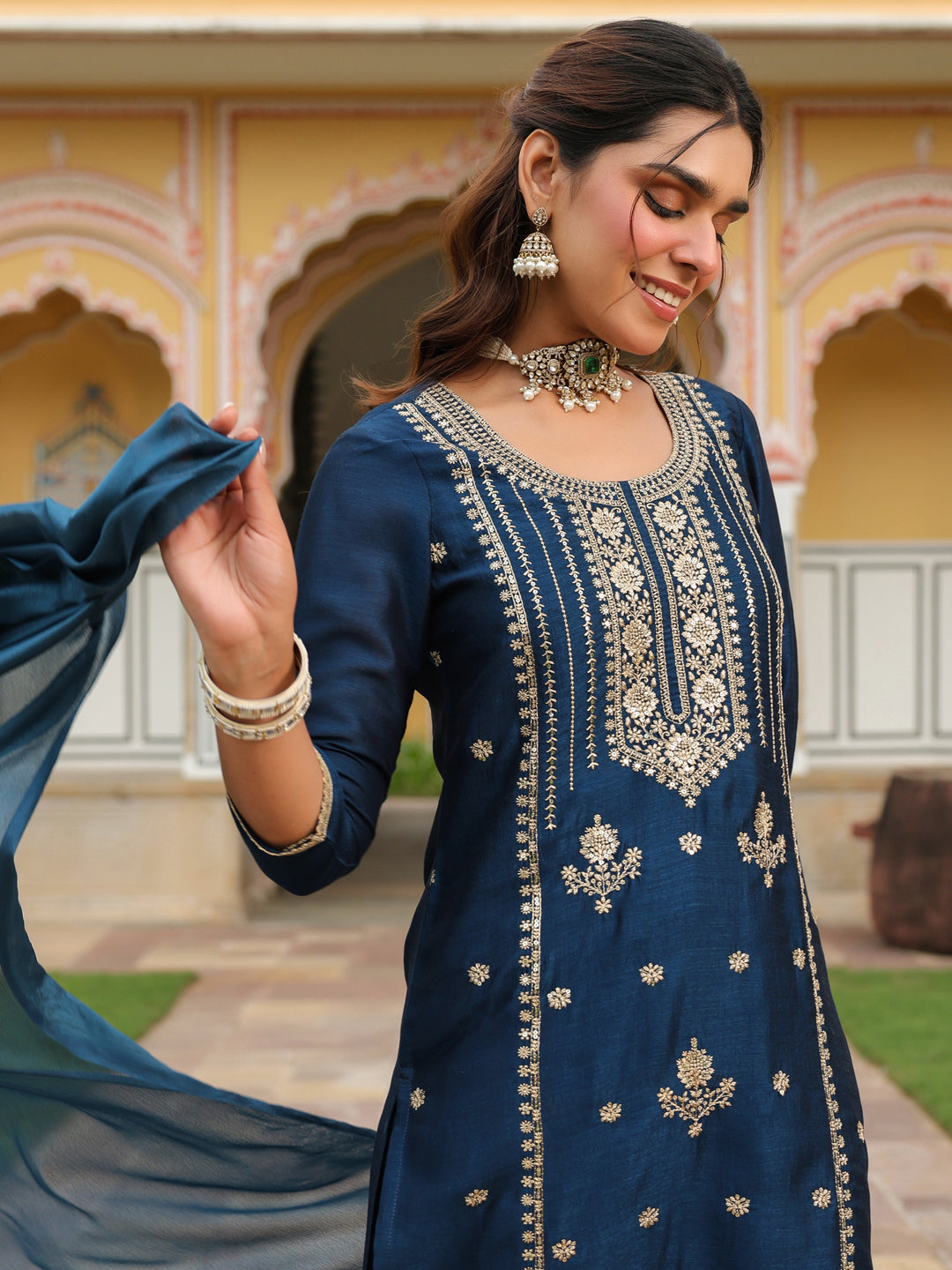 Naari By Shree Women's Teal Blue Silk Blend Zari Embroidered Straight Kurta Set