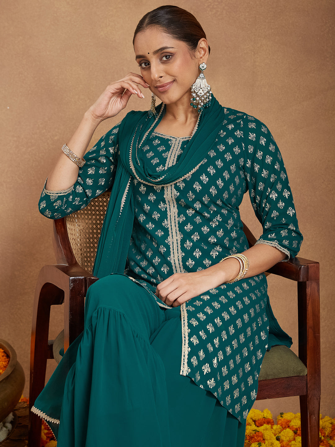 Naari By Shree Women's Teal Green Georgette Embellished Foil Printed Straight Kurta With Sharara & Dupatta