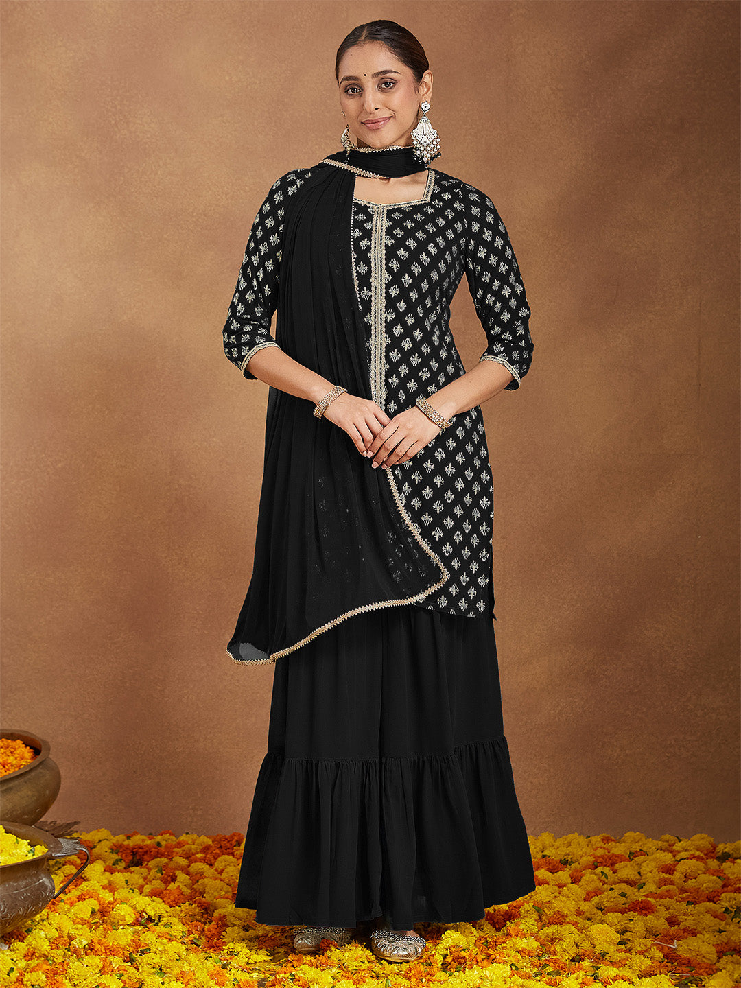 Naari By Shree Women's Black Georgette Embellished Foil Printed Straight Kurta With Sharara & Dupatta Set