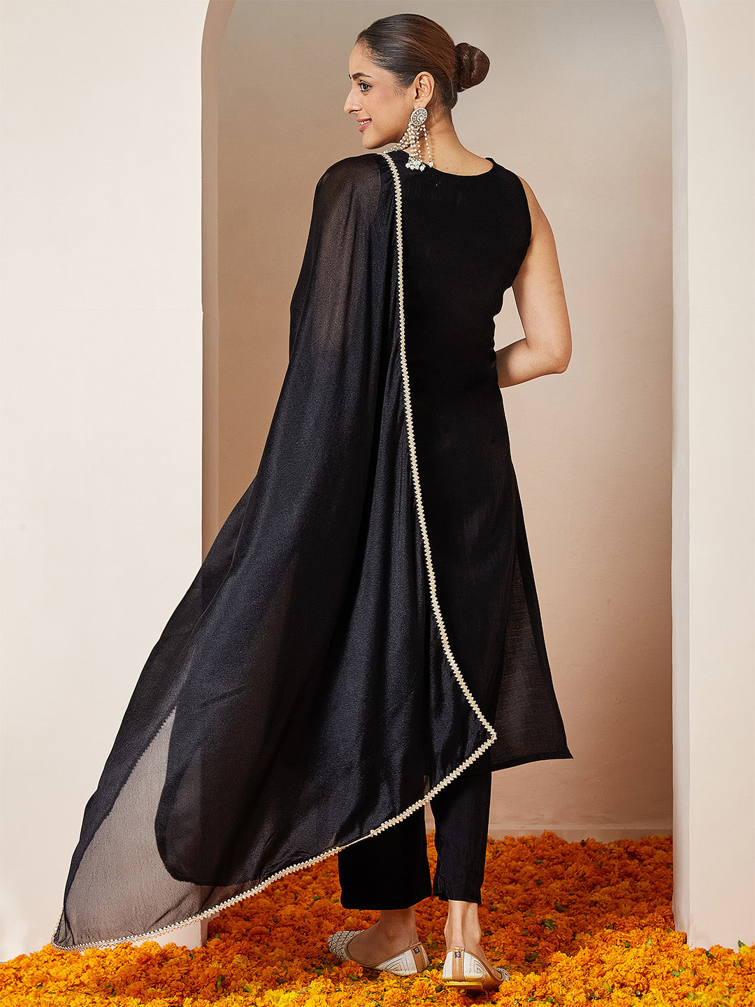 Naari By Shree Women's Black Chanderi Silk Embellished Gold Printed Straight Kurta Set