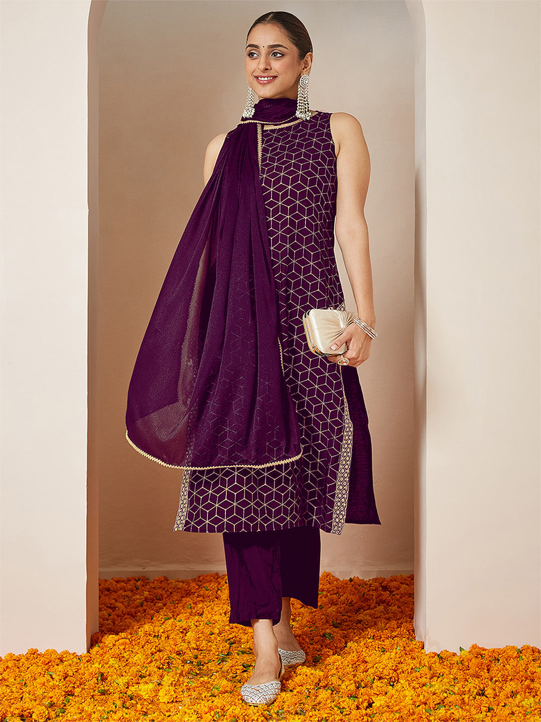 Naari By Shree Women's Purple Chanderi Silk Embellished Gold Printed Straight Kurta Set