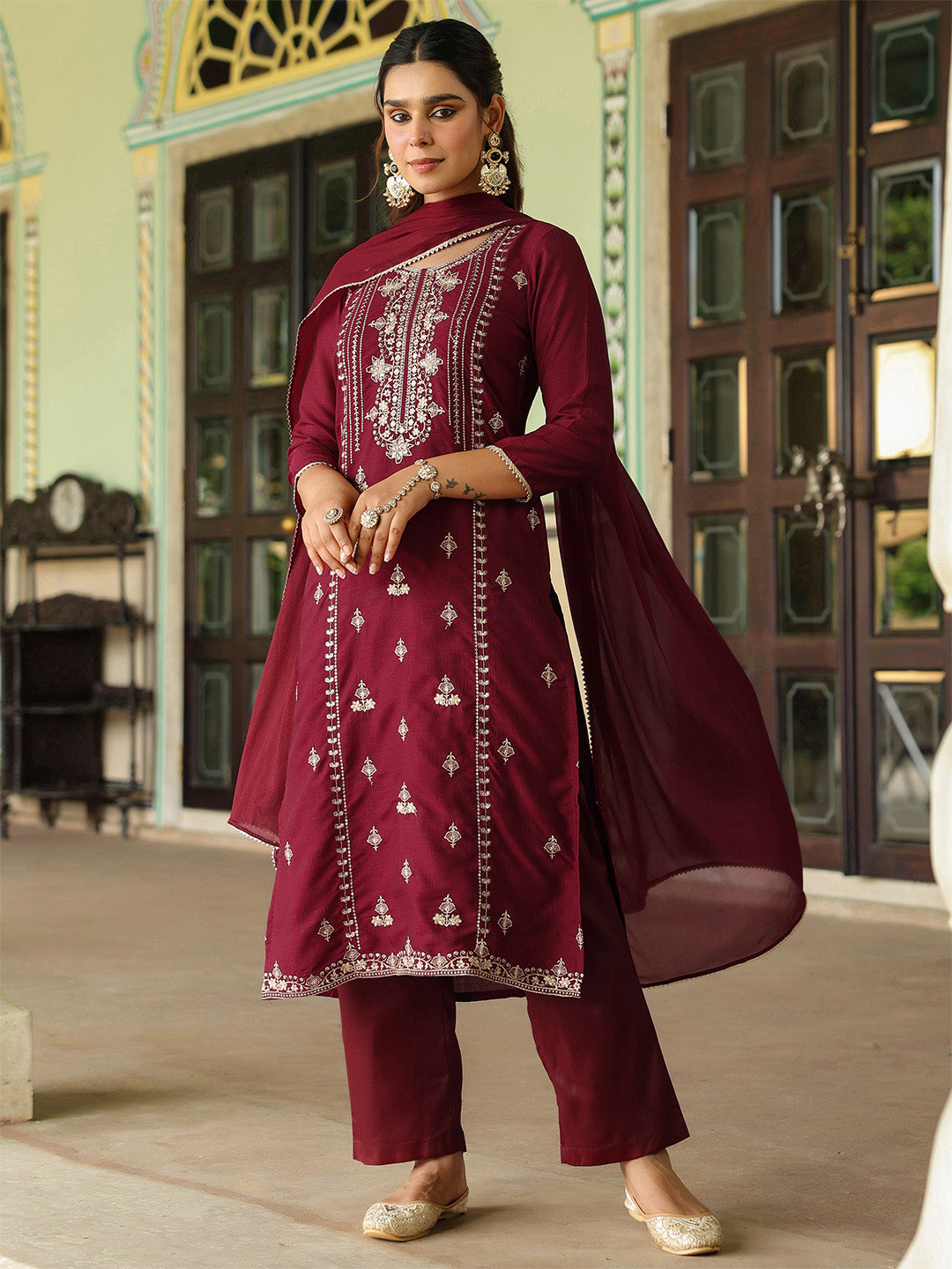 Naari By Shree Women's Maroon Silk Blend Zari Embroidered Straight Kurta Set With Dupatta