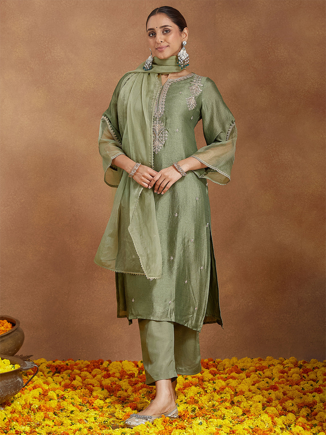 Naari By Shree Women's Sage Green Silk Blend Zari Embroidered Straight Kurta Set