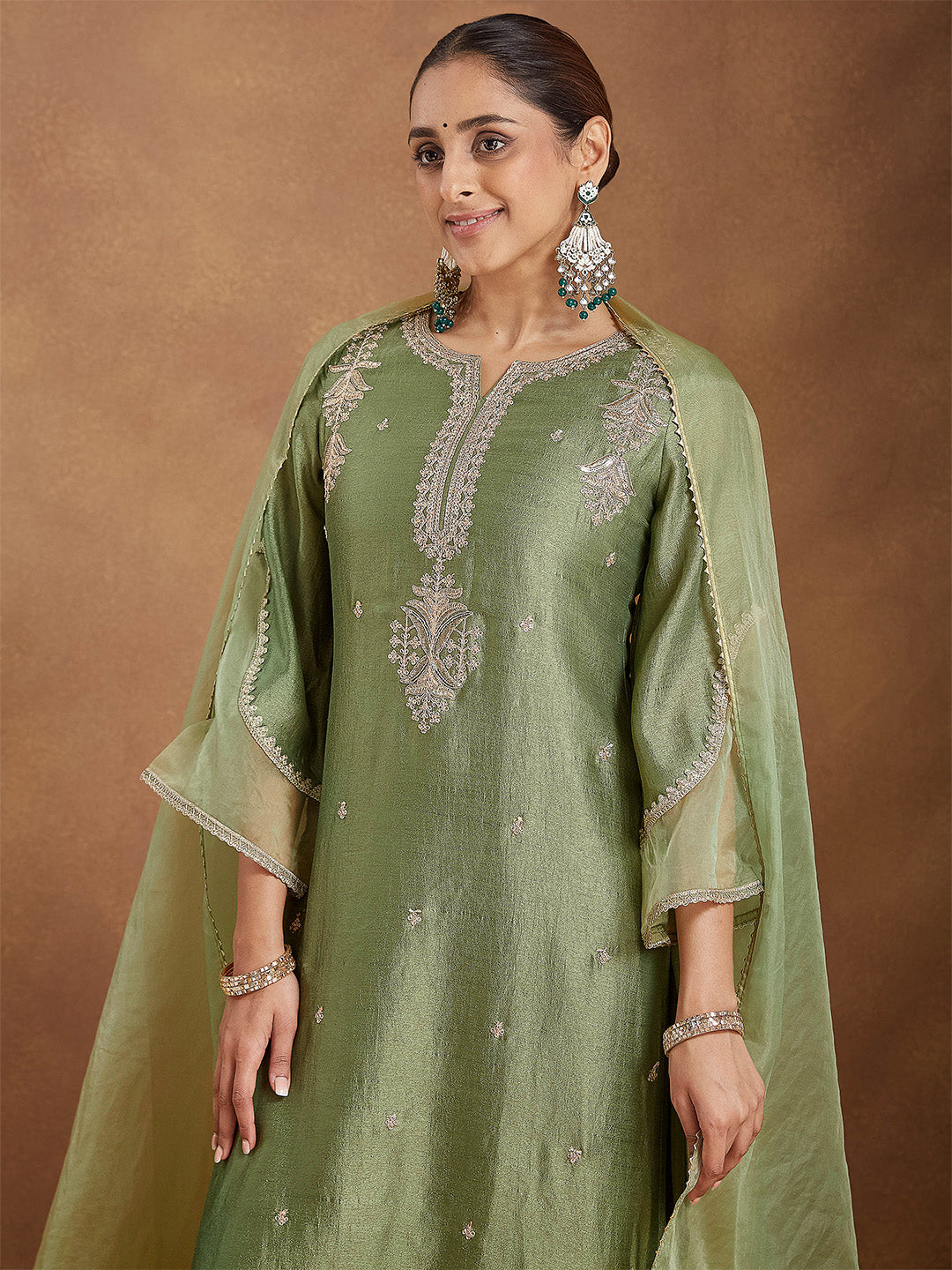 Naari By Shree Women's Sage Green Silk Blend Zari Embroidered Straight Kurta Set