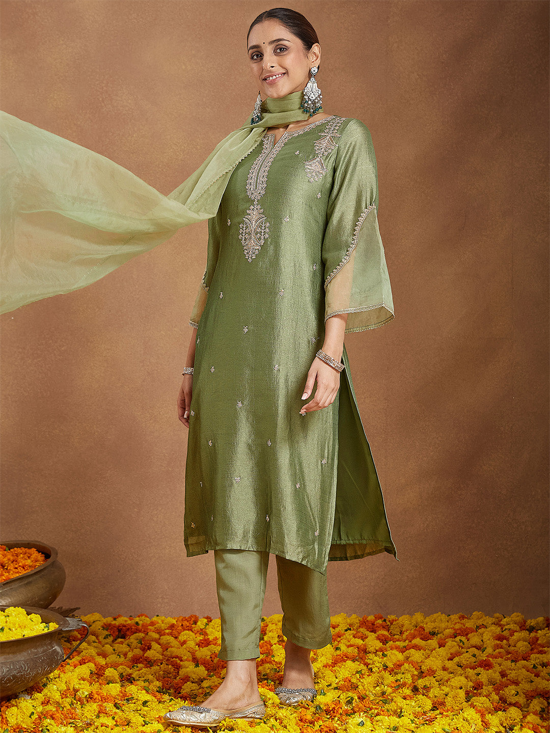 Naari By Shree Women's Sage Green Silk Blend Zari Embroidered Straight Kurta Set
