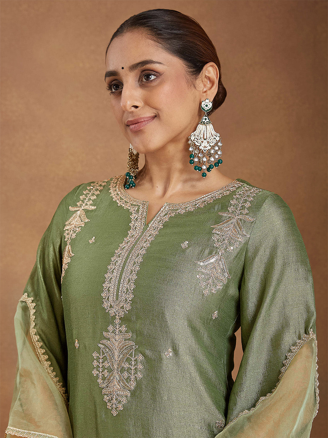 Naari By Shree Women's Sage Green Silk Blend Zari Embroidered Straight Kurta Set