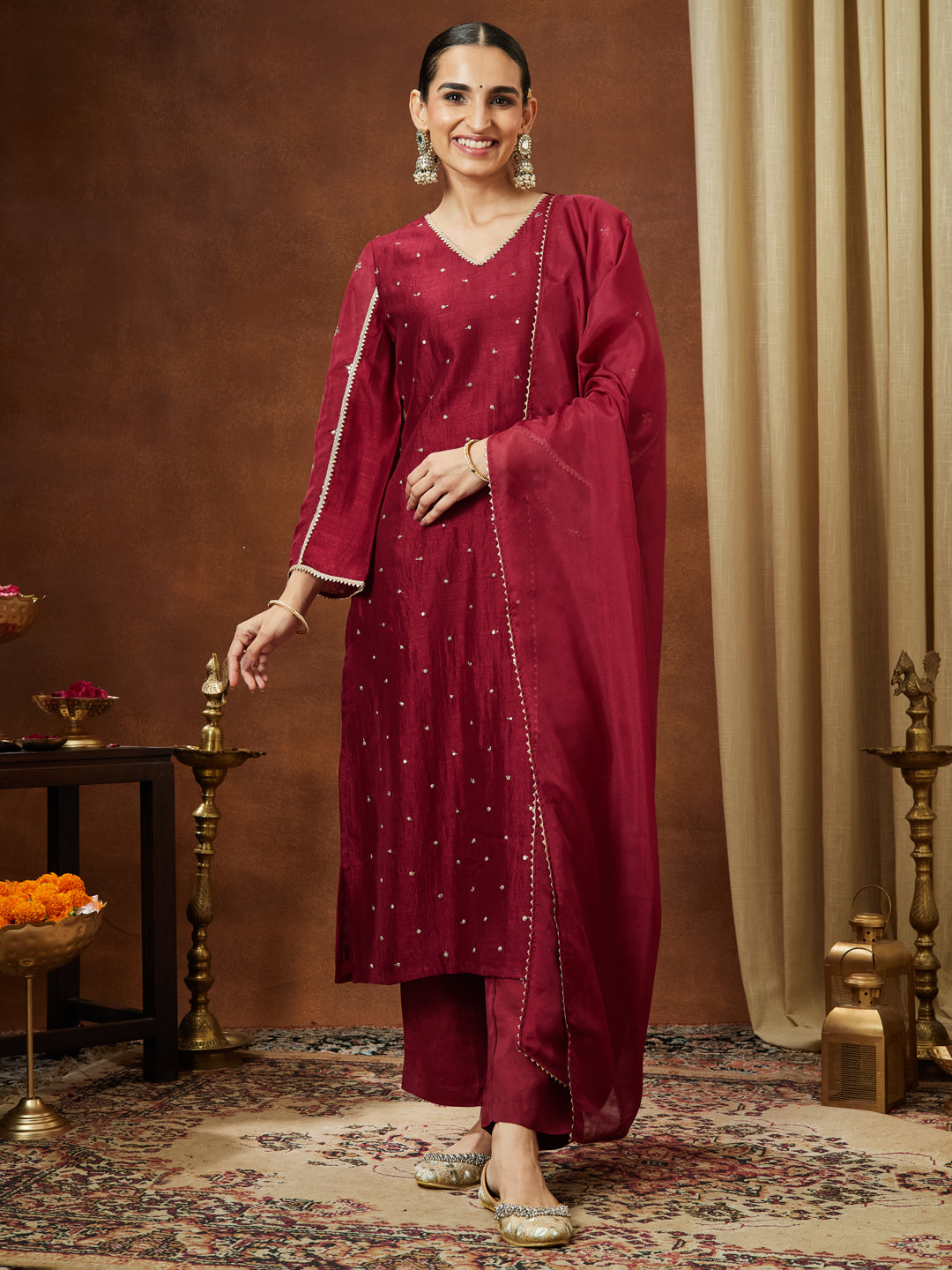 Naari By Shree Women's Maroon Silk Blend Embellished Straight Kurta Set