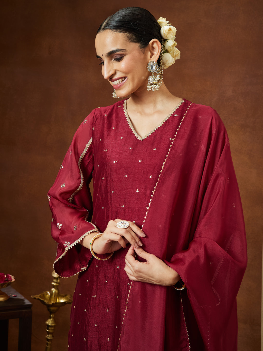 Naari By Shree Women's Maroon Silk Blend Embellished Straight Kurta Set