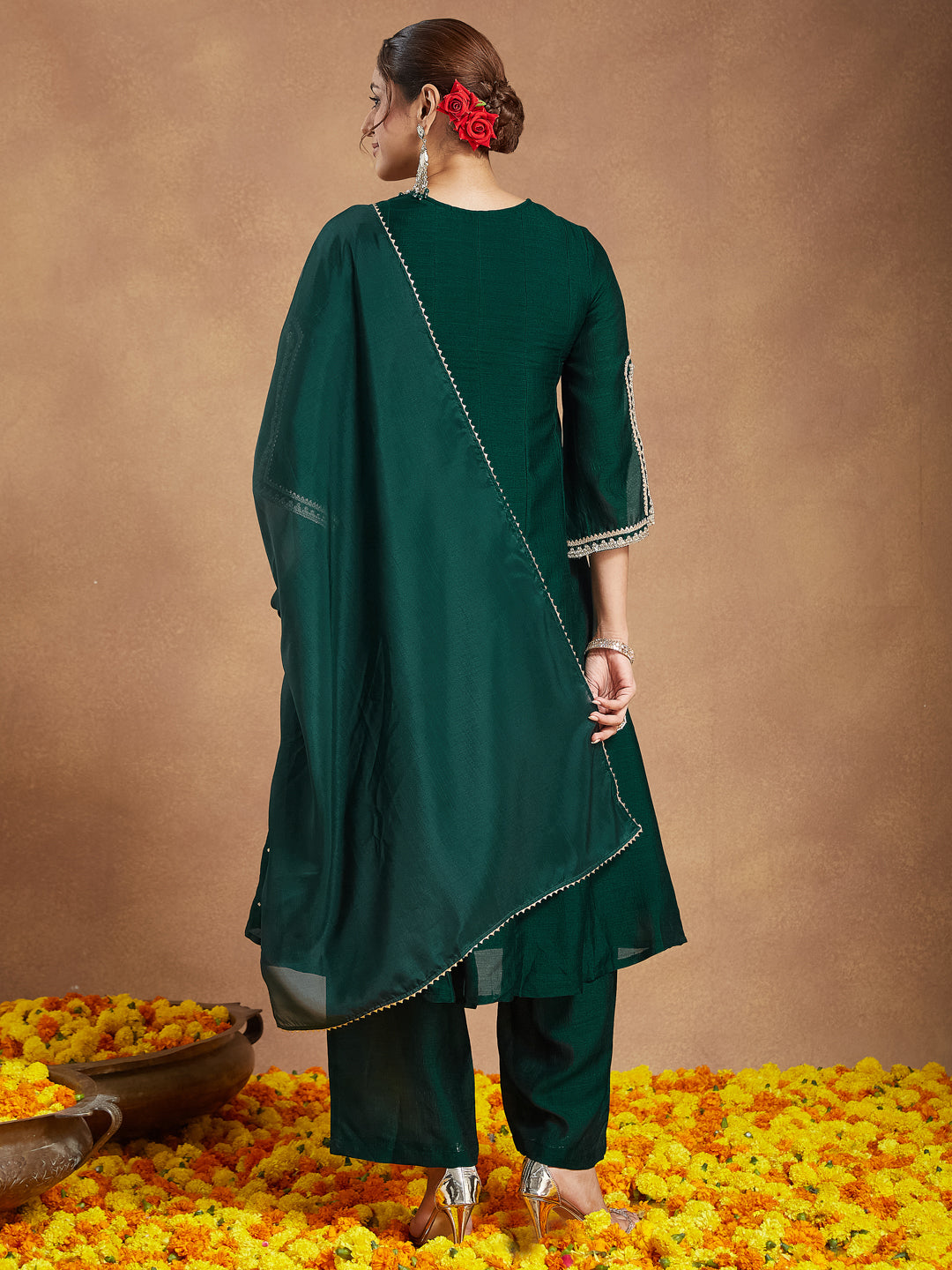 Naari By Shree Women's Green Silk Blend Zari Embroidered Anarkali Kurta With Palazzo & Dupatta Set