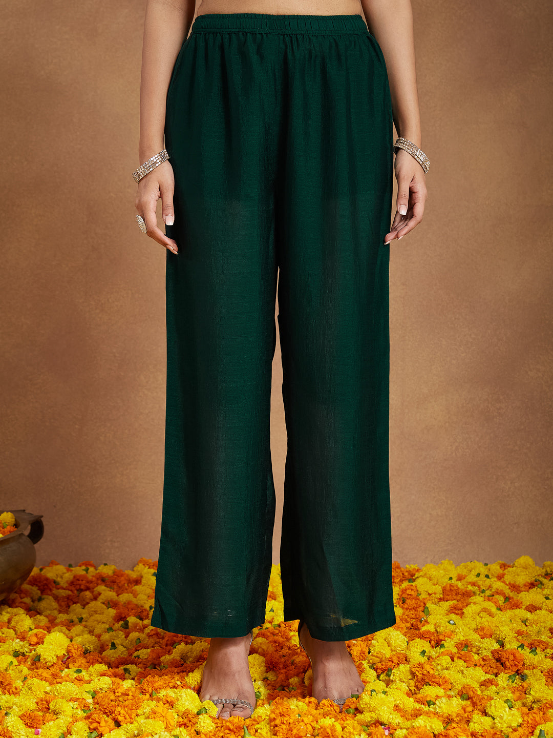 Naari By Shree Women's Green Silk Blend Zari Embroidered Anarkali Kurta With Palazzo & Dupatta Set