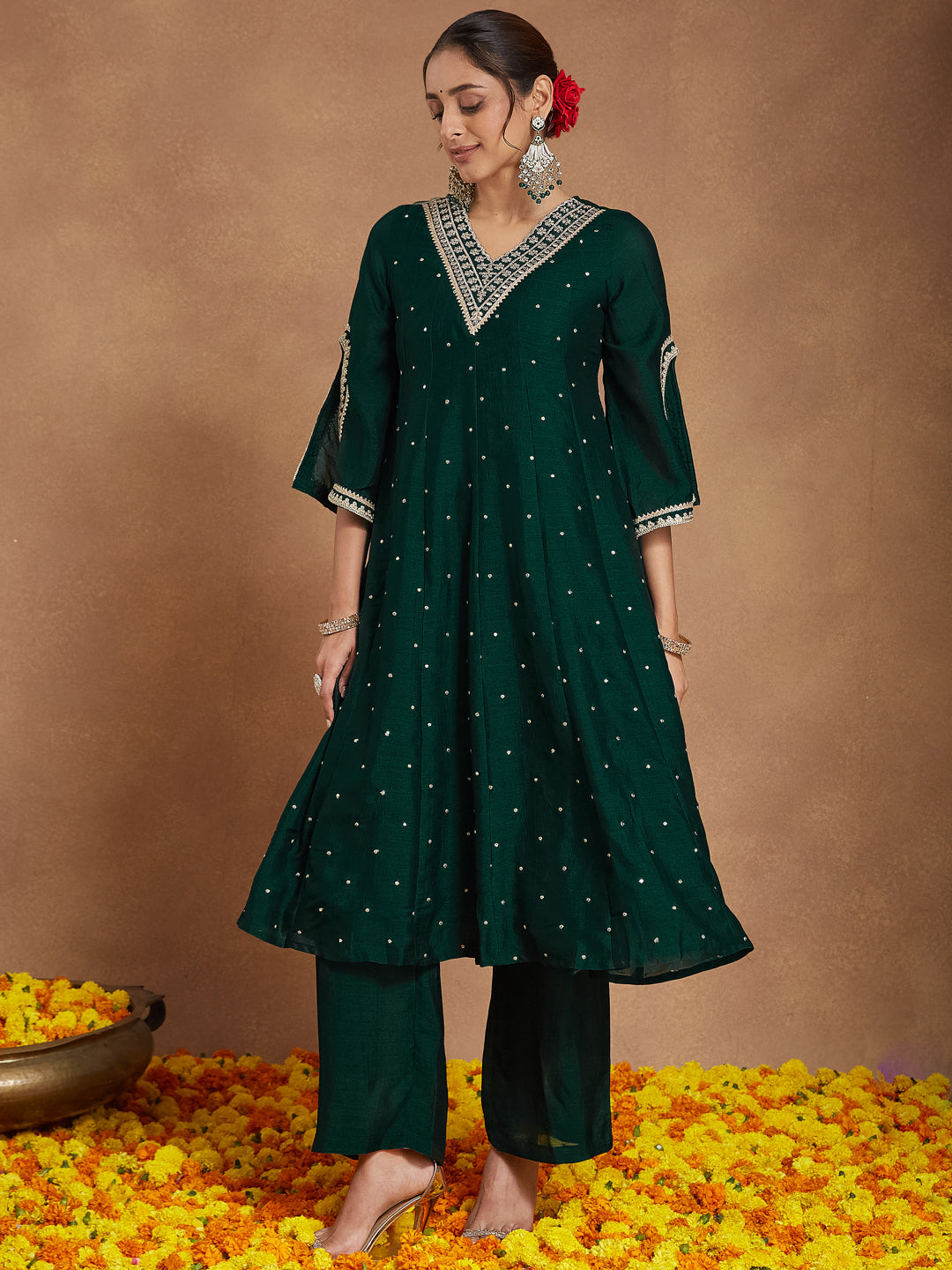Naari By Shree Women's Green Silk Blend Zari Embroidered Anarkali Kurta With Palazzo & Dupatta Set