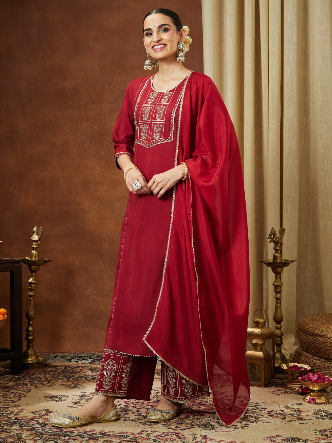 Naari By Shree Women's Maroon Chanderi Silk Zari Embroidered Straight Kurta With Palazzo & Dupatta Set